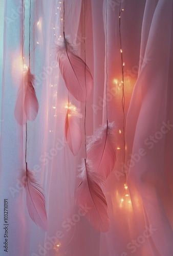 Soft pink feathers and twinkling lights create a whimsical atmosphere in a co...