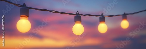 String lights glowing against a colorful sunset sky during an evening gathering