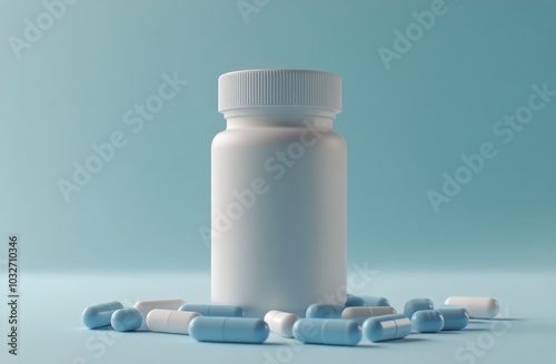 Blue capsules scattered around a white bottle on a light blue background in a...
