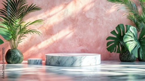 Modern studio setup with circular marble pedestal and tropical plants in a so...