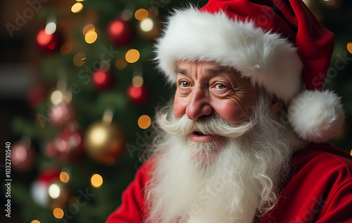 jolly old man wore bright red santa hat christmas