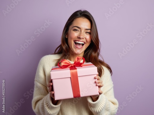 Joyful celebration with a smiling woman holding a beautifully wrapped pink gift against a soft purple backdrop during a festive occasion