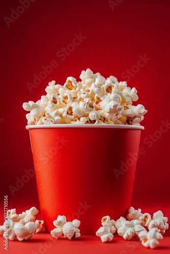 Classic striped popcorn bucket overflowing with fresh popcorn on a vibrant re...