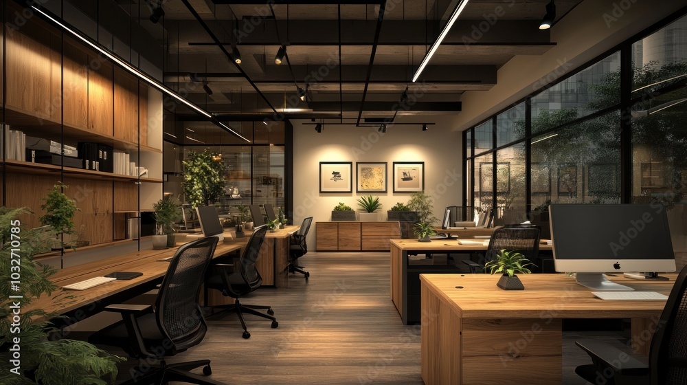 Modern office interior with wooden furniture and greenery, designed for productivity. Modern office interior with wooden furniture and greenery, designed for productivity.