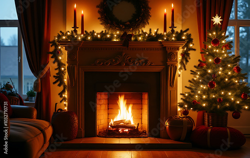 warm fireplace surrounded festive christmas decorations adds cozy ambiance