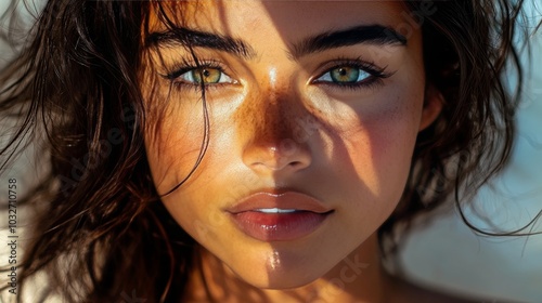 A close up portrait of a young woman with freckled skin and striking green eyes