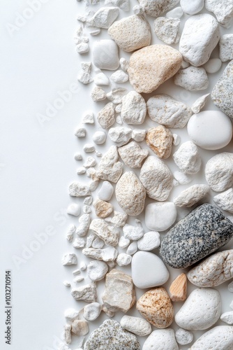 White pebbles arranged artfully on a light background creating a calming aest...