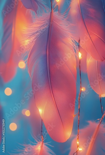 Soft pink feathers and twinkling lights create a whimsical atmosphere in a co...