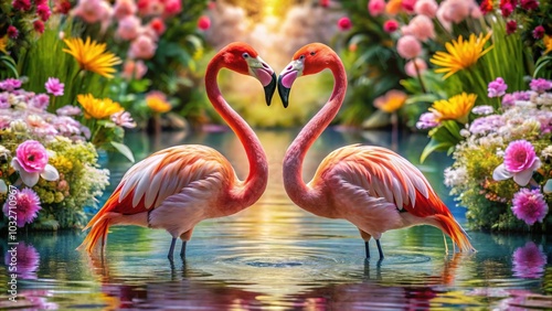 Pink Flamingos in Love on Festive Water Background with Flowers