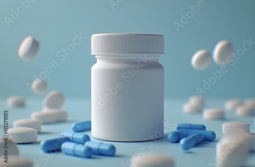 Blue capsules scattered around a white bottle on a light blue background in a...