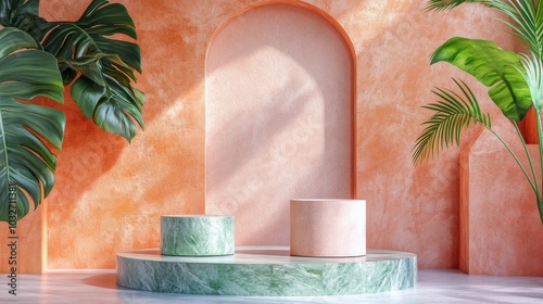 Modern studio setup with circular marble pedestal and tropical plants in a so...