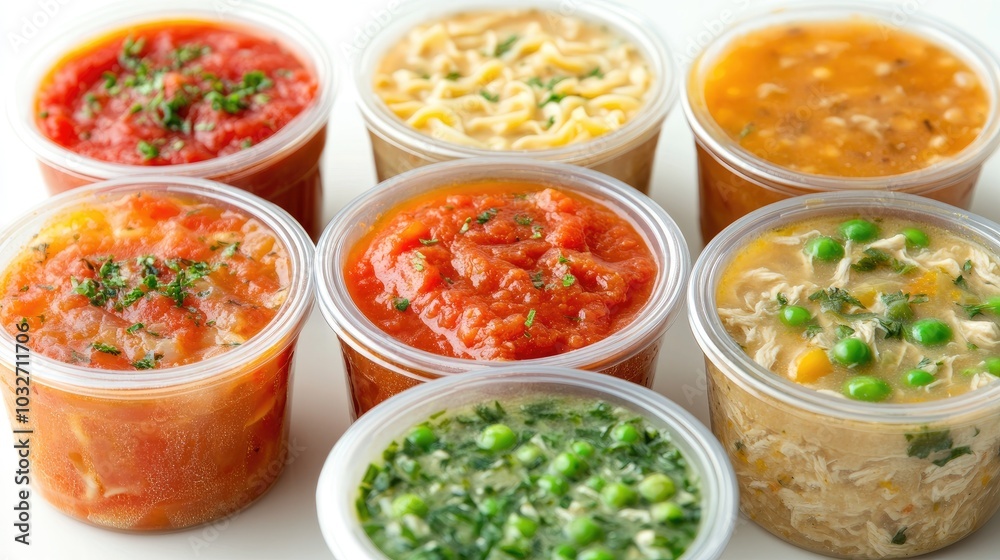 Assorted frozen ready-to-eat soups, including tomato and chicken noodle, in microwavable containers on a white background. Assorted frozen ready-to-eat soups, including tomato and chicken noodle, in microwavable containers on a white background.