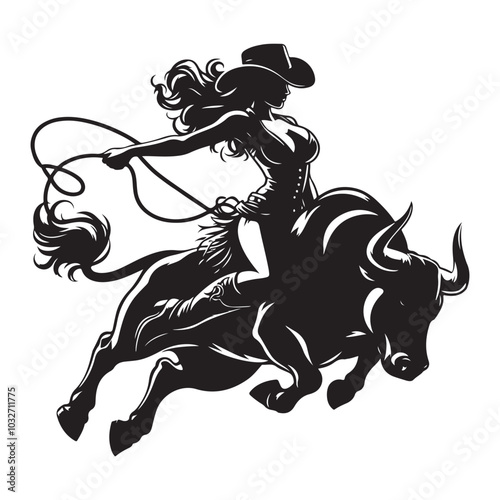 Pin-up woman bull cowgirl in full rodeo action, Silhouette vector  black color white background