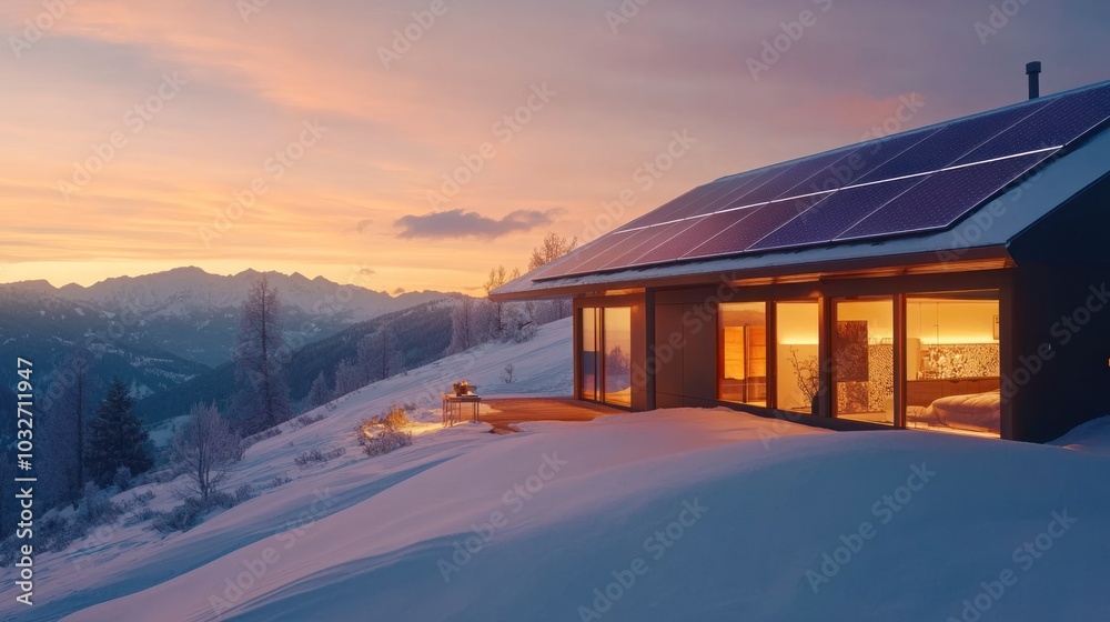 A modern house with solar panels in a snowy landscape at sunset. A modern house with solar panels in a snowy landscape at sunset.
