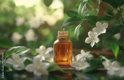 A glass bottle of essential oil surrounded by delicate white flowers and lush...