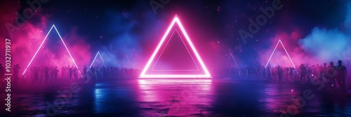 Vibrant laser triangle illuminates a crowd at a nighttime electronic music fe...