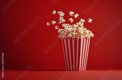 Delicious popcorn bursting from a striped red container against a bright red ...