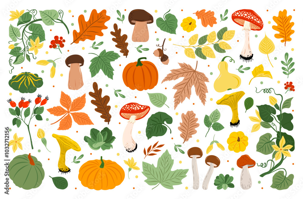Autumn collection - flower, berry, mushroom, briar, leaves, acorn, pumpkin, rowanberry, Yellow, Green, White, Brown. Perfect for seasonal greetings and Thanksgiving Day Autumn collection - flower, berry, mushroom, briar, leaves, acorn, pumpkin, rowanberry, Yellow, Green, White, Brown. Perfect for seasonal greetings and Thanksgiving Day