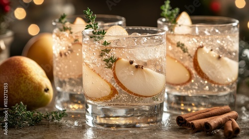 Refreshing sparkling drink with pear and herbs served in elegant glasses duri...