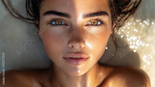 A close up portrait of a young woman with freckled skin and striking green eyes