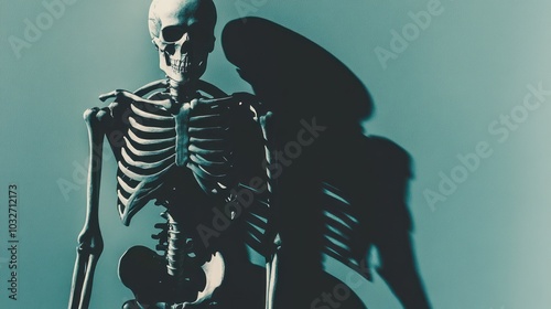 A skeletal model casts a shadow against a soft background, highlighting anatomy.