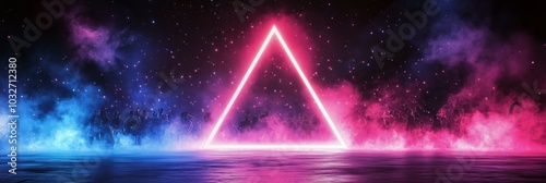 Vibrant laser triangle illuminates a crowd at a nighttime electronic music fe...