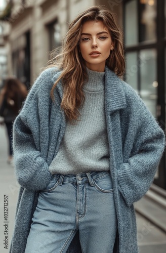 Stylish young woman wearing a cozy sweater and oversized coat in a city stree...