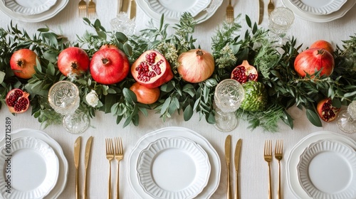 Elegant dining table setting adorned with pomegranates and greenery for a fes...