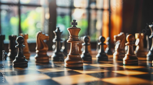 A close-up of a chessboard with wooden pieces, highlighting strategy and competition.