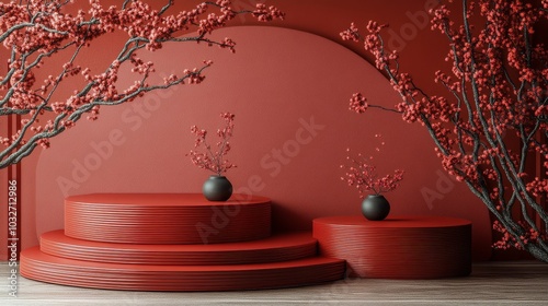 Red floral display with geometric platforms and minimalist vases in a serene ...