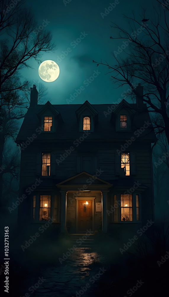 A spooky haunted house with eerie lights illuminating its dark, weathered facade. Shadows dance across the windows, and a full moon casts a haunting glow, creating an atmosphere of mystery and fright A spooky haunted house with eerie lights illuminating its dark, weathered facade. Shadows dance across the windows, and a full moon casts a haunting glow, creating an atmosphere of mystery and fright