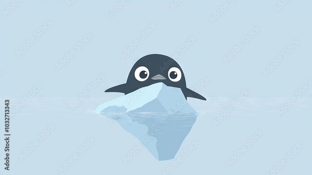 Obraz premium A penguin swims in the water with an iceberg in the foreground and a blue sky in the background