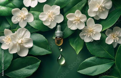 A glass bottle of essential oil surrounded by delicate white flowers and lush...