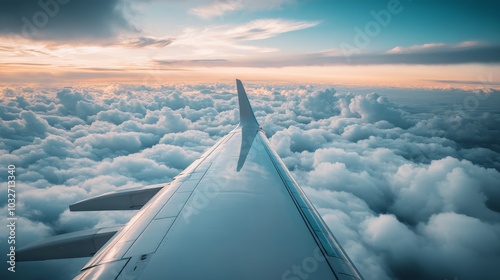 Aerial view of a plane wing above fluffy clouds at sunset during a scenic flight