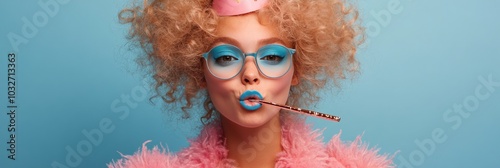Stylish female model with curly hair and party attire posing against a vibran...