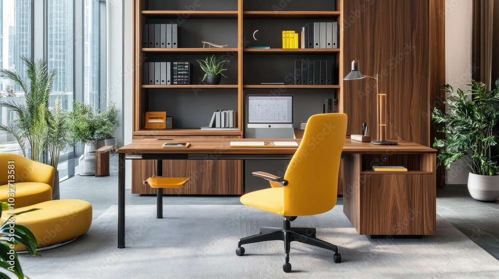 Modern office space with a wooden desk, yellow chair, and organized bookshelf.
