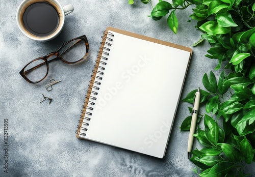 Coffee cup, notebook, and glasses on a textured surface amidst greenery in a ...