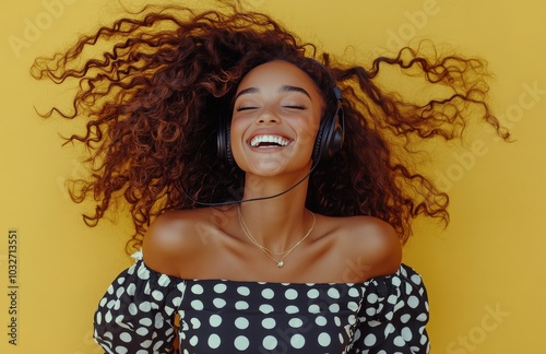 Young woman enjoying music with headphones while smiling against a vibrant ye...