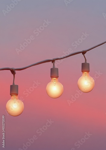 Colorful twilight sky with glowing light bulbs hanging above an outdoor setting