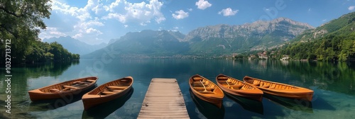 Scenic view of wooden boats by a tranquil lake surrounded by mountains on a s...