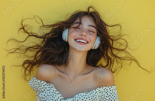 Young woman enjoying music with headphones while smiling against a vibrant ye...