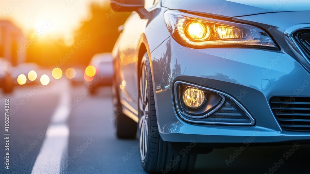 A close-up of a car's front tire and headlight during sunset on a road. A close-up of a car's front tire and headlight during sunset on a road.