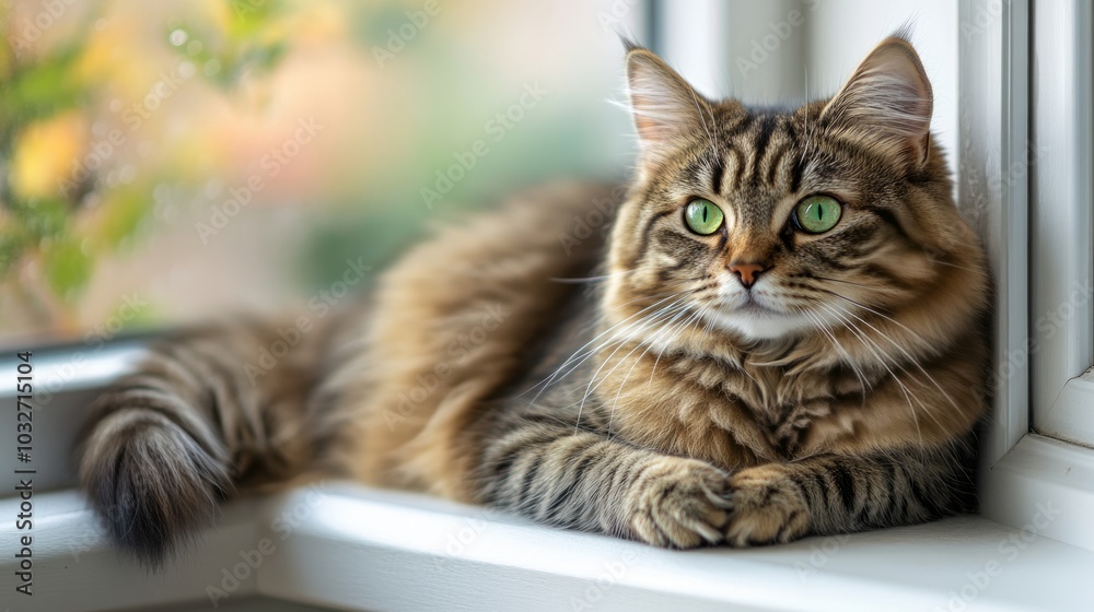 A fluffy brown tabby cat with green eyes sits on a window sill, looking out the window. A fluffy brown tabby cat with green eyes sits on a window sill, looking out the window.