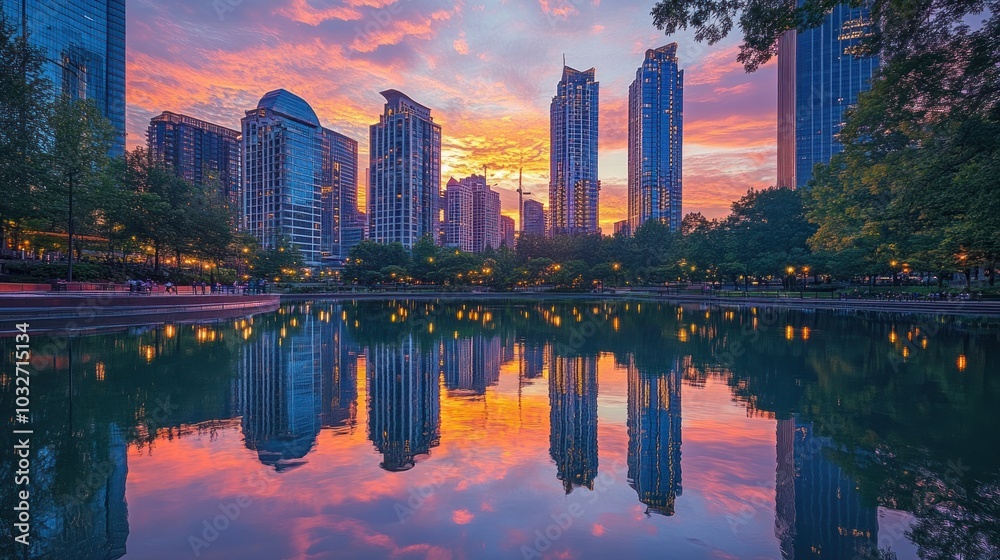 Sunset reflections over a city skyline with vibrant colors and calm waters. Sunset reflections over a city skyline with vibrant colors and calm waters.