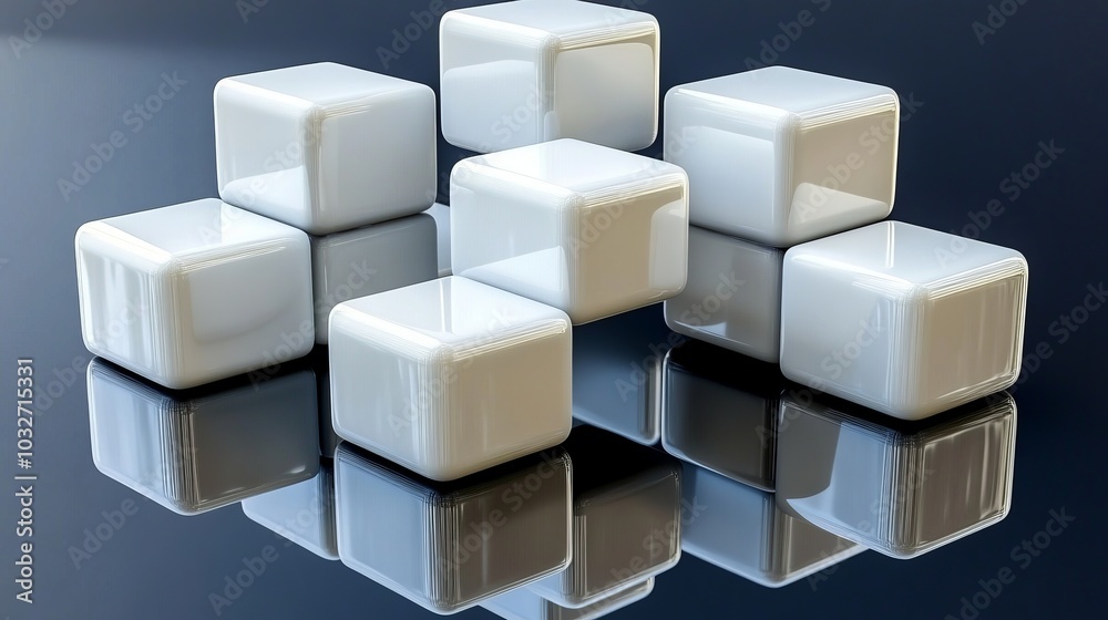 White cubes arranged in a pattern on a reflective surface. White cubes arranged in a pattern on a reflective surface.