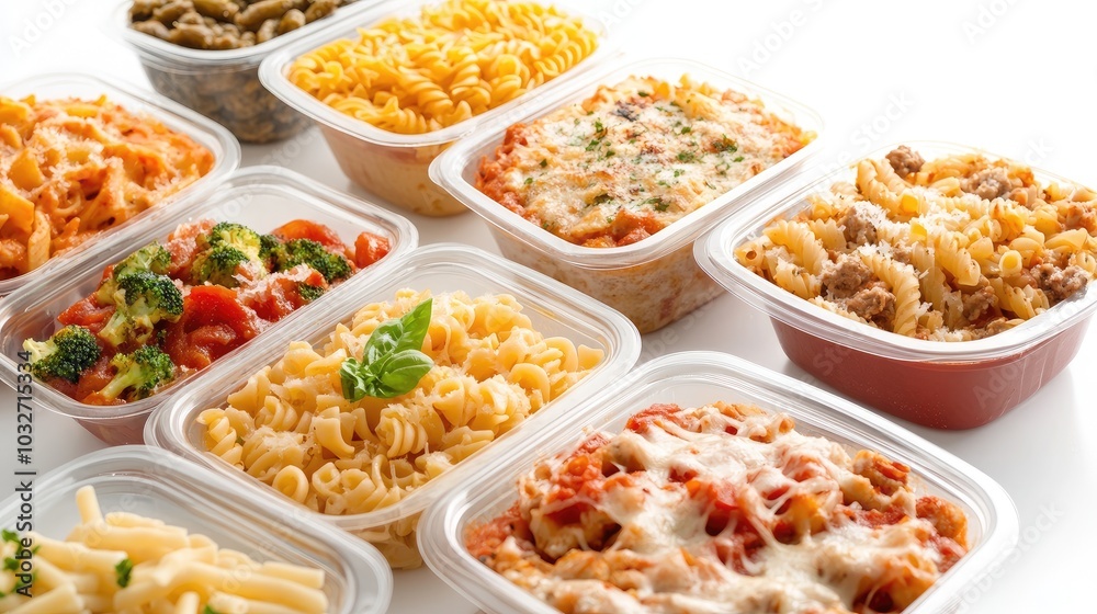 Frozen pre-made meals, such as pasta dishes and casseroles, in microwave-safe packaging, set against a white background. Frozen pre-made meals, such as pasta dishes and casseroles, in microwave-safe packaging, set against a white background.
