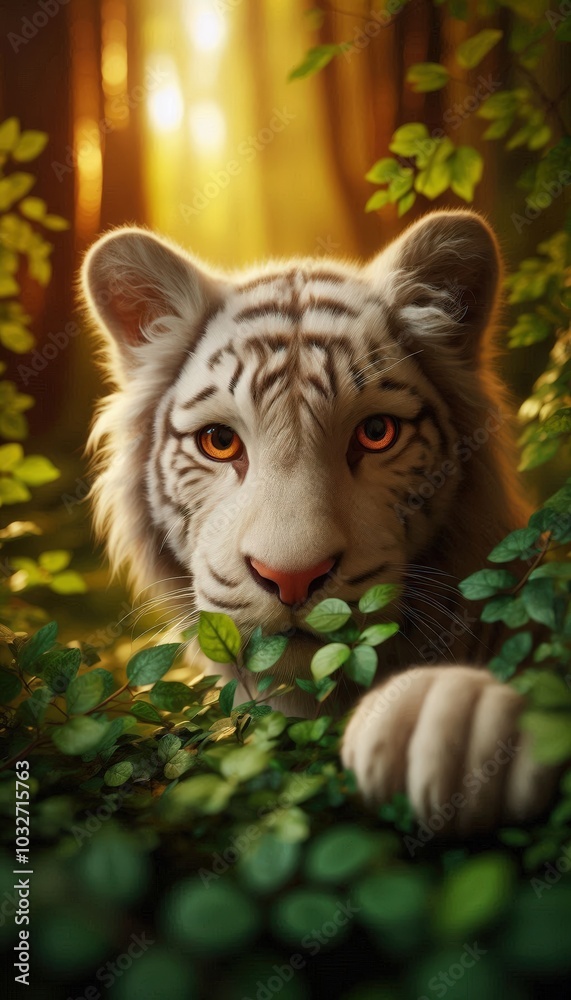 Majestic White Tiger in Lush Forest Majestic White Tiger in Lush Forest