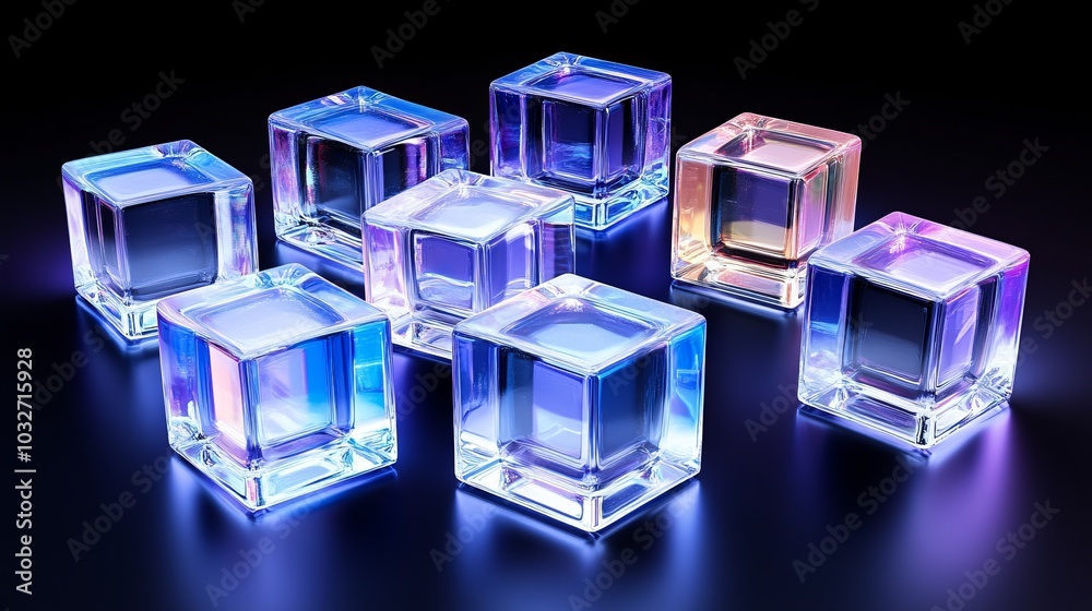 Seven iridescent glass cubes arranged on a dark background, reflecting light. Seven iridescent glass cubes arranged on a dark background, reflecting light.