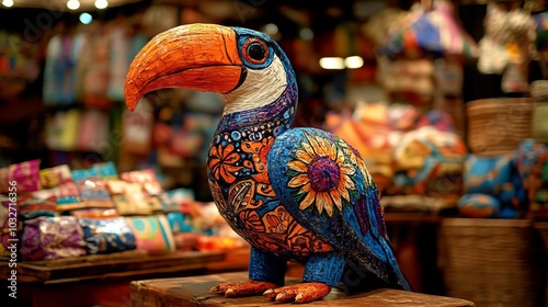 Colorful toucan figurine on display in a market. photo