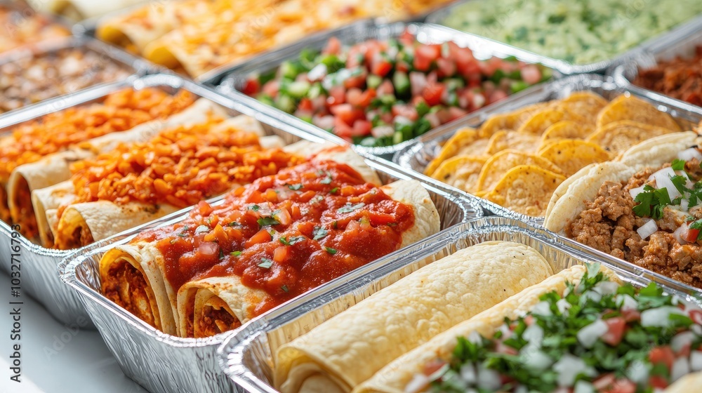 Frozen ready-to-eat enchiladas and tacos, stacked neatly in trays, displayed on a white background for a quick meal option.